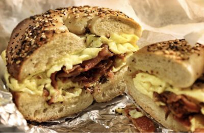 Breakfast Sandwich on a bagel with eggs and bacon from Black and Brew