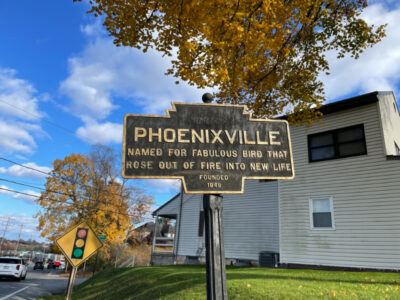 Pennsylvania's distinctive keystone marker for Phoenixville