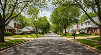 Suburban neighborhood in Downingtown Pennsylvania with single family homes