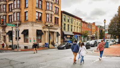 Downtown West Chester Pennsylvania street with shops and restaurants